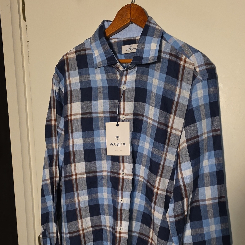 NWT Aqua Large Linen Shirt Blue Maroon Check Fantastic